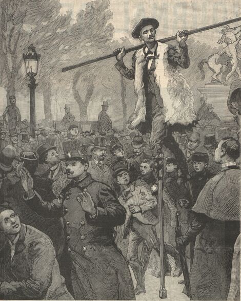Le départ de Dornon, se rendant de Paris à Moscou sur des échasses. Image publiée à Paris le 29 mars 1891 dans : Le Journal de Cholet. Supplément illustré