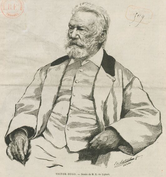 Victor Hugo. Dessin d'E. de Liphart. Image publiée à Paris en 1881 dans le journal : La République du Jura. Supplément illustré