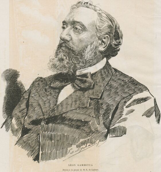 Léon Gambetta. Dessin à la plume d'E. de Liphart. Image publiée à Paris en 1881 dans le journal : La République du Jura. Supplément illustré