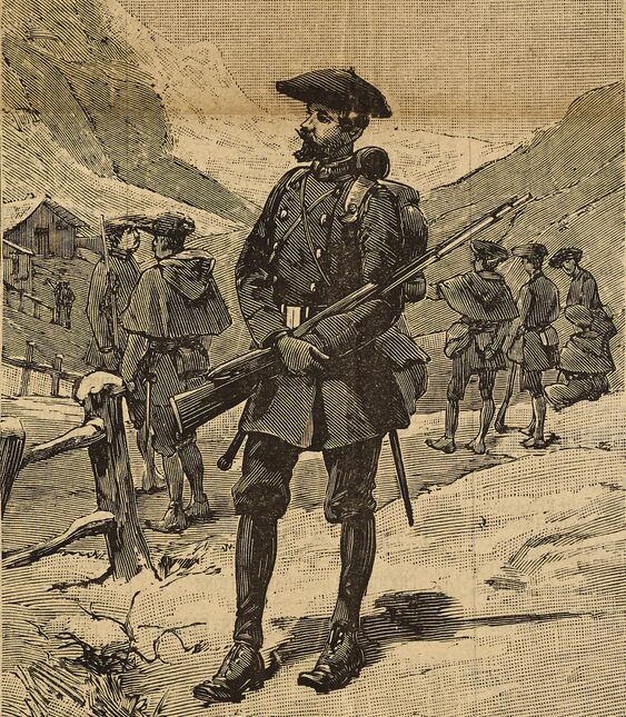 Les chasseurs alpins français à la frontière. Image publiée à Aix-les-Bains le 6/9 juillet 1889 dans le journal : Le Cosmopolite