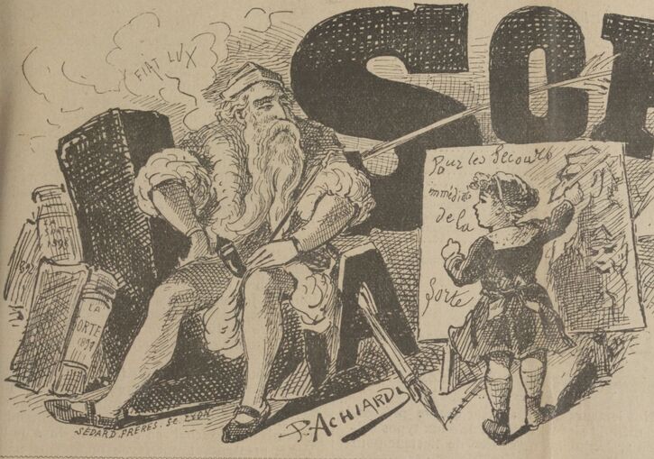 Un enfant dessine le portrait de Gutenberg, qui est assis sur des caractères mobiles. Image publiée à Marseille en juin 1895 dans le journal : La Sorte : canard officiel des piausseurs