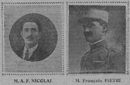 A.-F. Nicolai, François Pietri, collaborateurs du journal La Corse mutilée. Image publiée à Ajaccio le 4 février 1923 dans le journal : La Corse mutilée