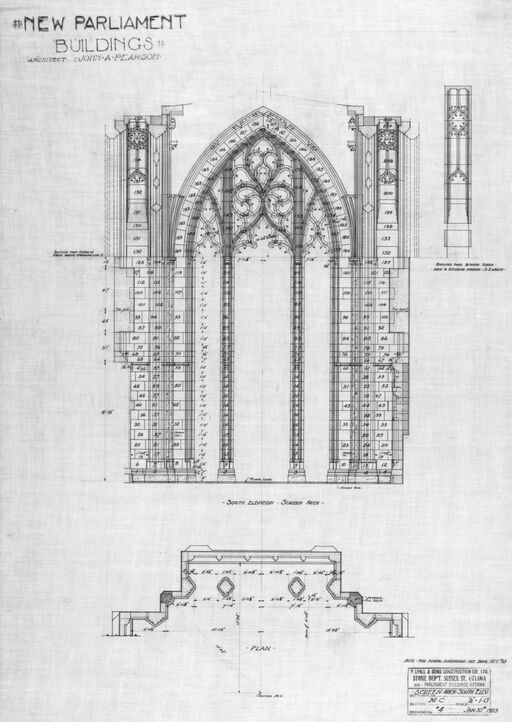 Dessin architectural de l'arche de la façade sud, conçue pour la Chapelle du Souvenir du nouvel édifice du Parlement : [dessin d'architecture] / John A. Pearson