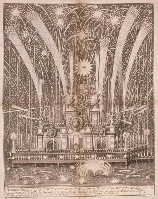 Représentation du feu d'artifice tiré, le 27 7bre 1739 sur la rivière d'Ill par ordre des Messieurs du Magistrat de la ville de Strasbourg à L'occasion du Mariage de Madame première de France, avec l'infant Philippe, grand amiral d'Espagne