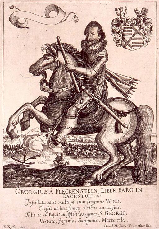 Georgius has Fleckenstein, liber baro in Dachstuhl..., A horse, in armor 3/4 to g. with coat of arms