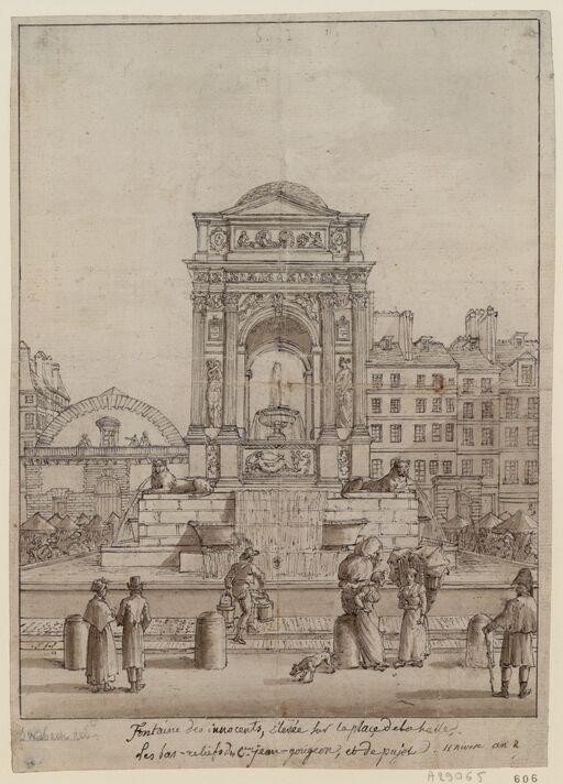 Fountain of the Innocent, High on the Halle Square. The bas-reliefs of the C. ens jean-gougeon [sic], and pujet: [drawing]/[Jacques François Joseph Swebach]