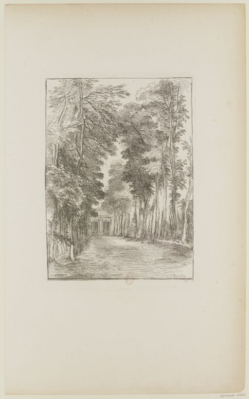 [Figures de différents caractères]. 40, [Une allée bordée d'arbres, fermée par un pavillon] : [estampe] / Watteau. ; boucher [François Boucher]