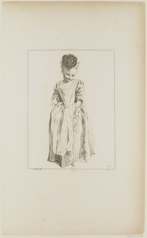 [Figures of different characters]. 85, [Standing figure, wearing a toquet, hands in his apron]: [print]/Watteau. del. ; B. Sc. [François Boucher]