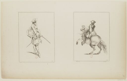 [Figures of different characters]. 113-114, [Soldier seen from three-quarters]: [estampe]/W. [Watteau]; J. [Jean de Jullienne]. [Horseman seen from back and three-quarters, facing left]/Wat. del [Watteau]; B. f. Sc [François Boucher]