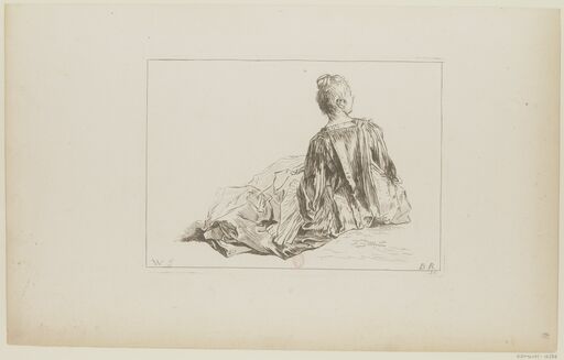 [Figures of different characters]. 96, [Woman sitting ashore, view of back, legs lying to the left, turning to the right]: [print]/W. f [Watteau]; B R [François Boucher]