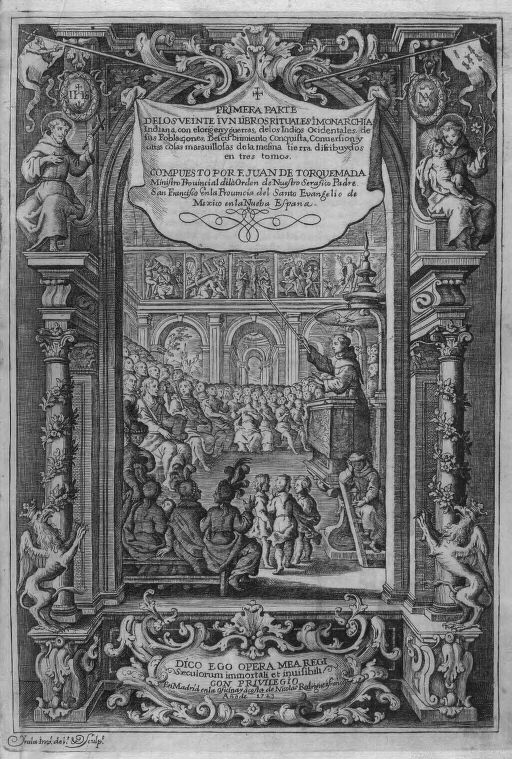 [Illustrations de Primera (et secunda et tercera) parte delos veinteiun libros rituales i monarchia indigna, con el origen y gueras, de los Indios ocidentales, de sus poblaciones, descubrimiento, conquista, conversion, y otras cosas marvillosas de la mesma tierra...] / Yrala, dess. ; Yrala, grav. ; Juan de Torquemada, aut. du texte