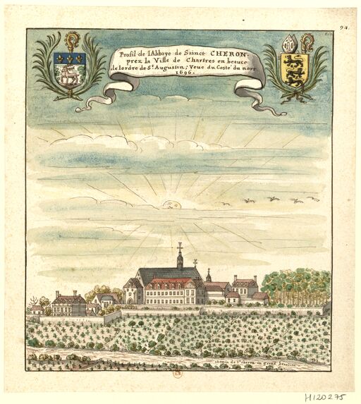 Profile of the Abbey of Sde CHERON// prez the City of Chartres in Beauce// of the Order of St Augustin; widow of the costume of the nort// 1696: [drawing]/[Louis Boudan?]