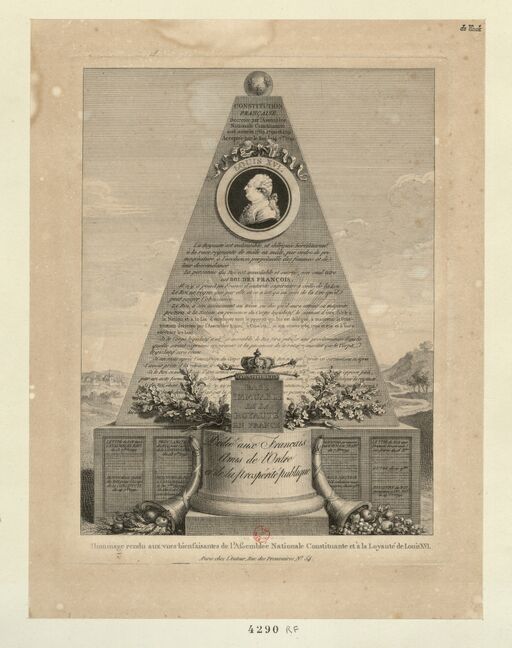 Hommage rendu aux vues bienfaisantes de l'Assemblée nationale constituante et à la loyauté de Louis XVI : dédié aux Français amis de l'ordre et de la prospérité publique... : [estampe] / Aug. de St Aubin invenit & sculp.