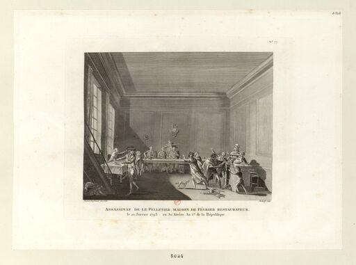 Assassinat de Le Pelletier, maison de Février restaurateur, : le 20 janvier 1793, ou 30 nivôse an I.er de la République : [estampe] / Swebach Desfontaines inv. & del. ; Berthault sculps. ; [eau-forte par Duplessi-Bertaux]