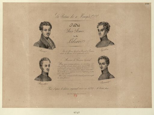 «La Patrie les a vengés !!! Dédié Aux Amis de la Liberté.» Bories, Raoulx, Goubin, Pommier, en buste, de tr. q. encadrent la «Lettre... datée de Bicêtre le 8 Septembre 1822.» qui envoie au procureur général le désistement de leur pourvoi en cassation : [estampe]