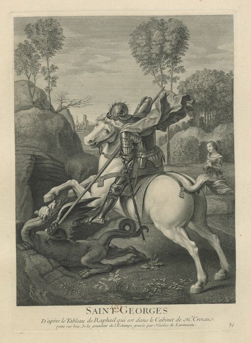 SAINT GEORGES // D'après le Tableau de Raphaël qui est dans le Cabinet de M.r Crozat. // peint sur bois, de la grandeur de l'Estampe gravée par Nicolas de Larmessin. : [estampe]