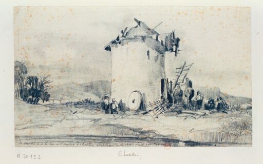 Le moulin près la tour à l'Anglais à Châtillon après la guerre de 1870 / dessin par Jongkind