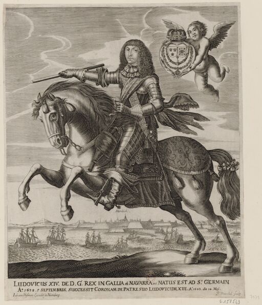 Portrait de Louis XIV, à cheval, galopant vers la gauche : [estampe]