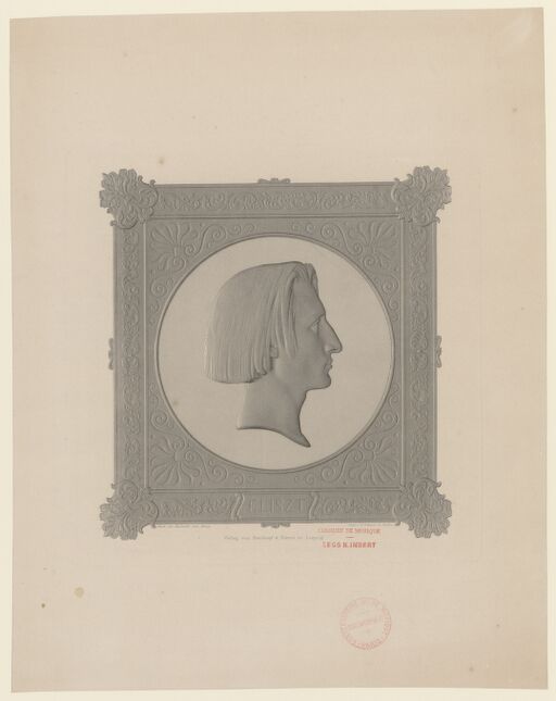 Portrait de Franz Liszt / gravure de F. Schauer, vers 1843, d'après une médaille de A. Bovy de 1837