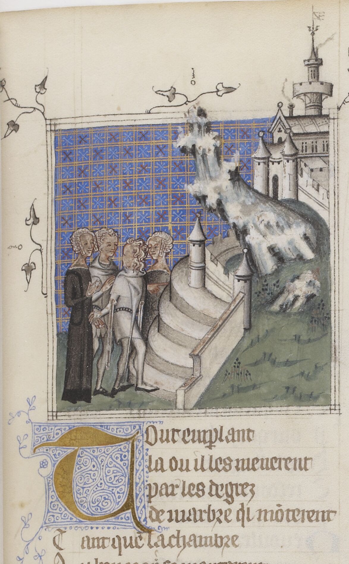 Guillaume de Machaut, Poésies: Jugement du roi de Bohème, dit Jugement du roi de Behaigne (1-22v), Remède de Fortune (23-58v), Dit de l'Alérion (59-92v), Dit du Verger (93-102v), Dit du Lion (103-120v), Louange des Dames (120v-148v), Lais, motets, ballades, rondeaux et virelais (148v-225).