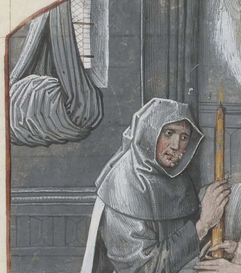 Bed-drapes and cowl in grisaille