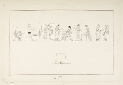 [Attic pyxis with red figures]: [pyrrhic dance at the temple of Artemis]: [drawing]