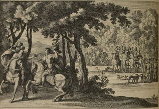 Gravure. Deux personnages à cheval dans une forêt. L'un ôte son casque et dévoile sa chevelure. Au loin, l'armée de Clovis attend.