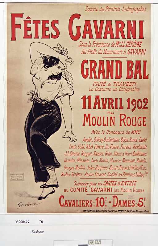 Société des peintres lithographes. Fêtes Gavarni [...] Grand bal paré et travesti [...]. 11 avril 1902 au Moulin Rouge... : [affiche] / Gavarni ; cette affiche a été mise sur pierre par Bracquemond et Maurice Neumont