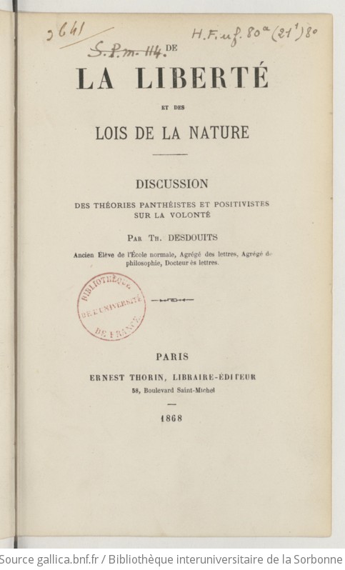 De La Liberté Et Des Lois De La Nature : Discussion Des Théories ...