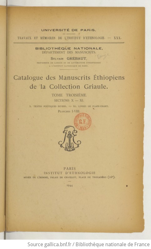 Catalogue Des Manuscrits éthiopiens De La Collection Griaule. Tome 3 ...