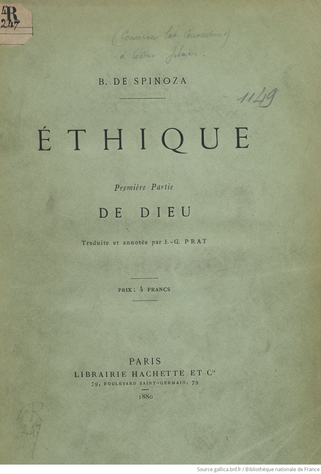 Ethique B De Spinoza Traduite Et Annotee Par J G Prat Gallica