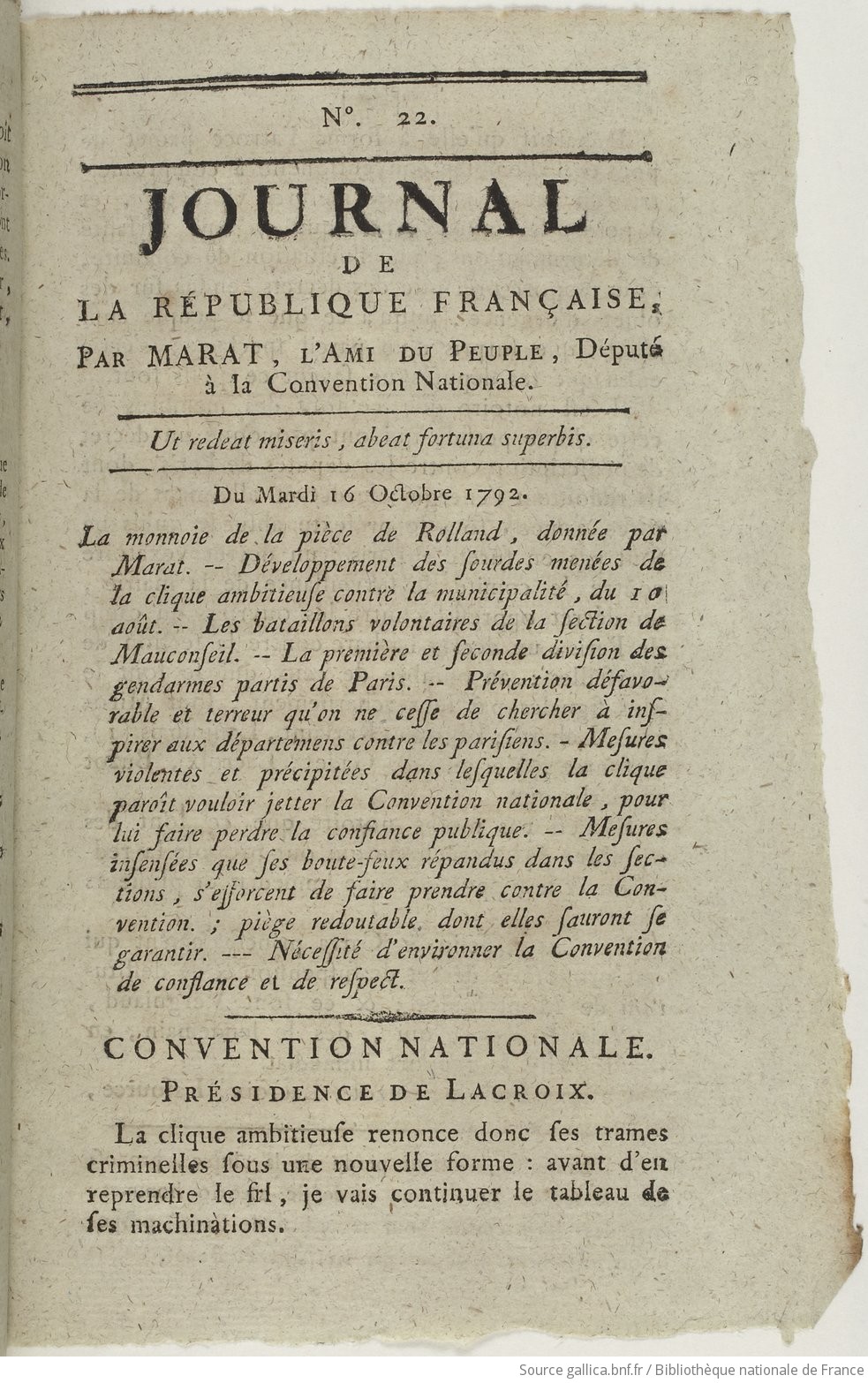 Journal De La Republique Francaise Par Marat L Ami Du Peuple Depute A La Convention Nationale 1792 10 16 Gallica