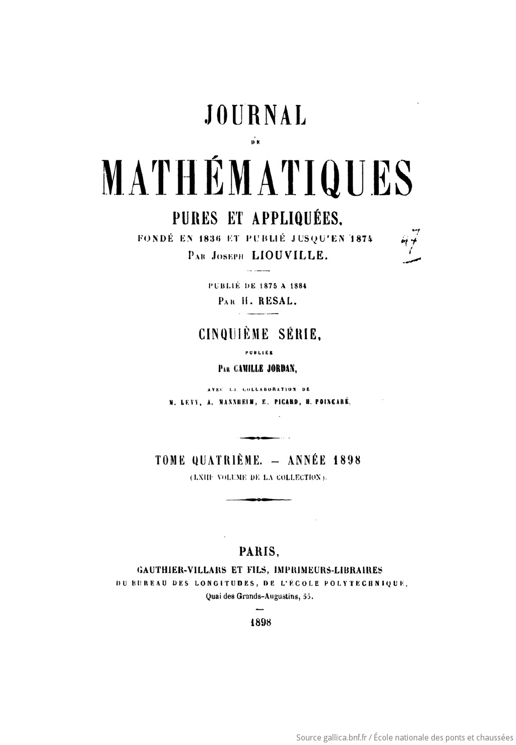 Journal de mathématiques pures et appliquées : ou recueil mensuel de mémoires sur les diverses parties des mathématiques / publié par Joseph Liouville - vue 3 - page NP