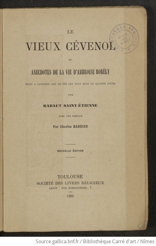 Le Vieux Cévenol Ou Anecdotes De La Vie Dambroise Borély Par Rabaut Saint Etienne Avec Une 