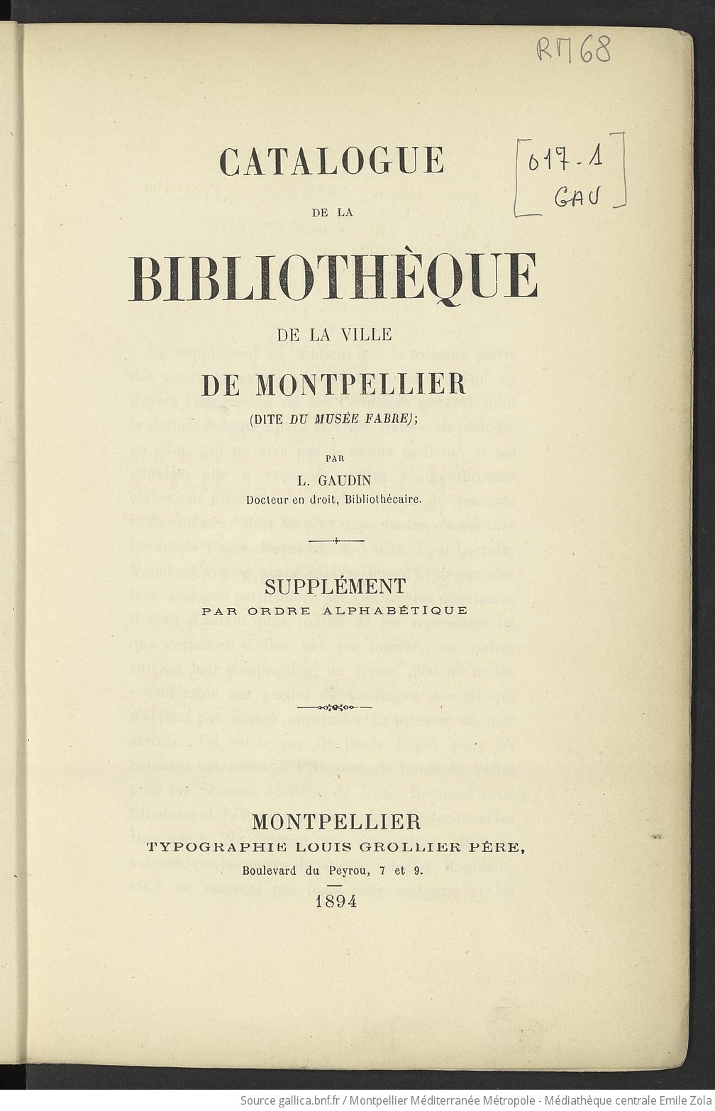 Catalogue de la Bibliothèque de la ville de Montpellier, dite du Musée Fabre