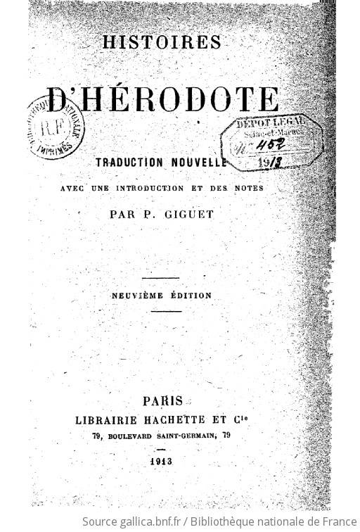 Histoires D'Hérodote (Neuvième Edition) / Traduction Nouvelle Avec Une ...