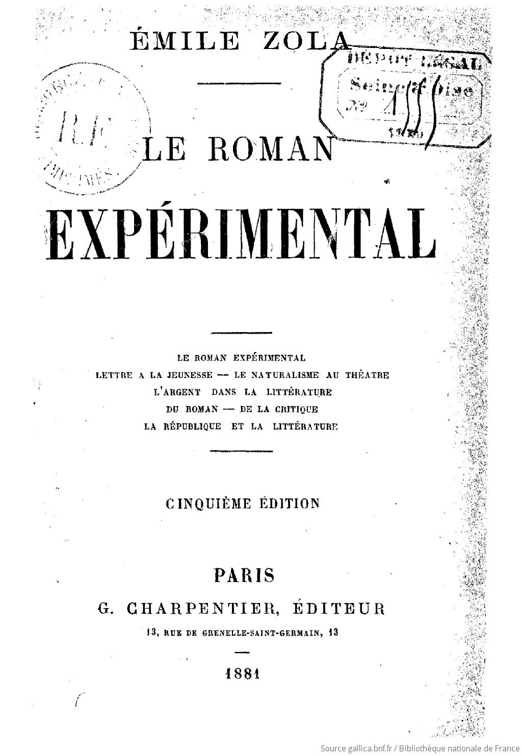 Le roman expérimental (5e édition)  Emile Zola | Gallica