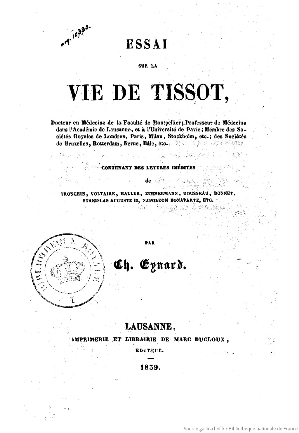 Essai sur la vie de Tissot contenant des lettres in dites de