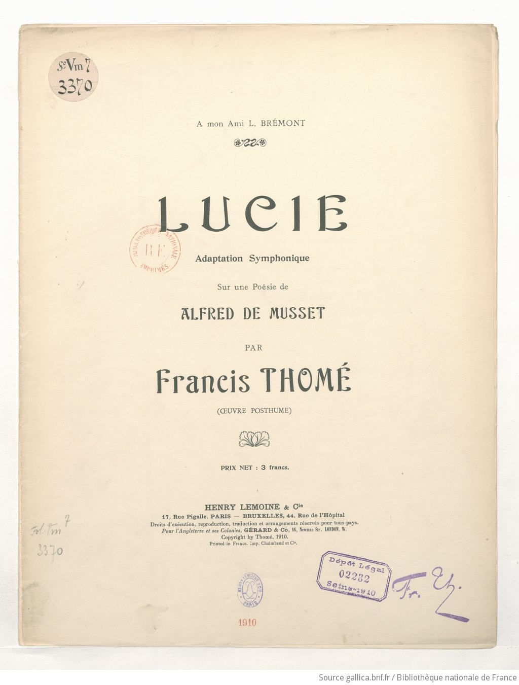 Lucie Adaptation Symphonique Sur Une Poesie De Alfred De Musset Par Francis Thome Oeuvre Posthume Gallica