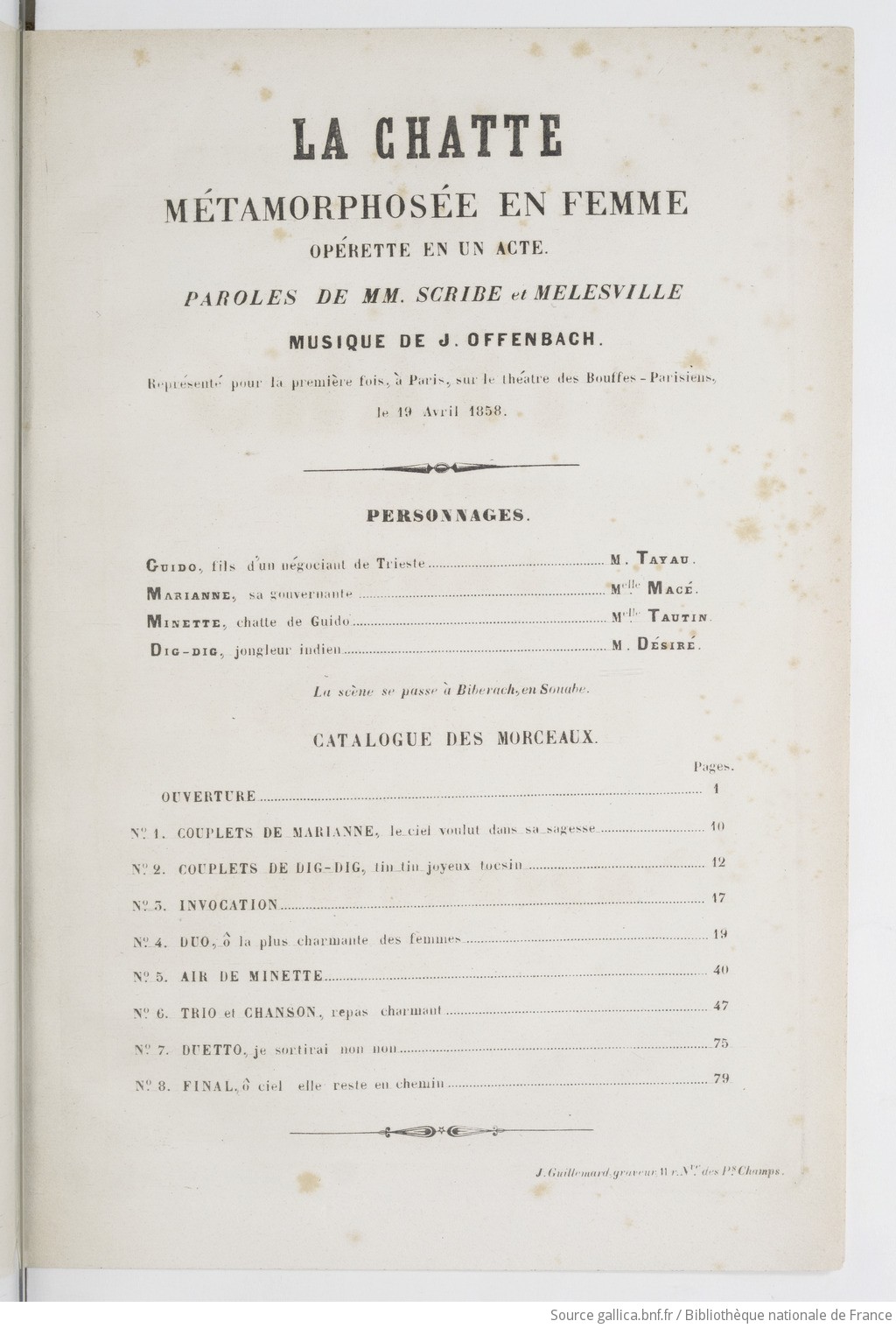 La Chatte métamorphosée en femme, opérette en 1 acte, paroles de E. Scribe  et Mélesville | Gallica