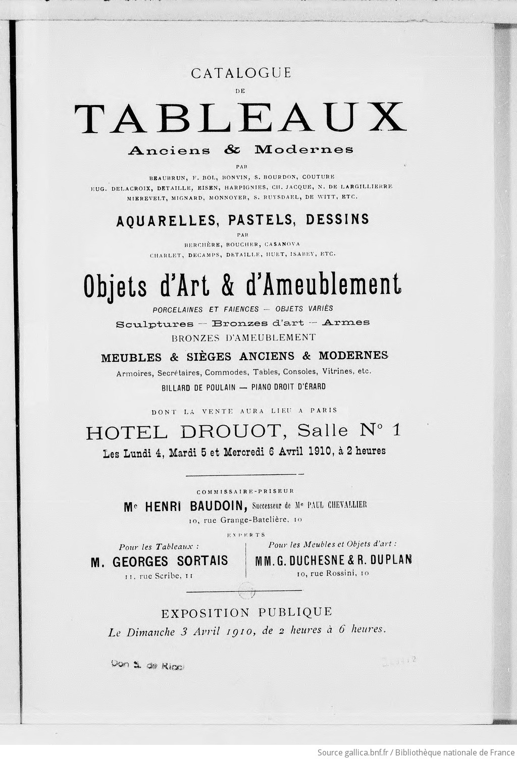 Catalogue De Tableaux Anciens Et Modernes Par Beaubrun F Bol Bonvin Et Al Aquarelles Pastels Dessins Par Berchere Boucher Casanova Et Al Objets D Art Et D Ameublement Expert Georges Sortais Gallica