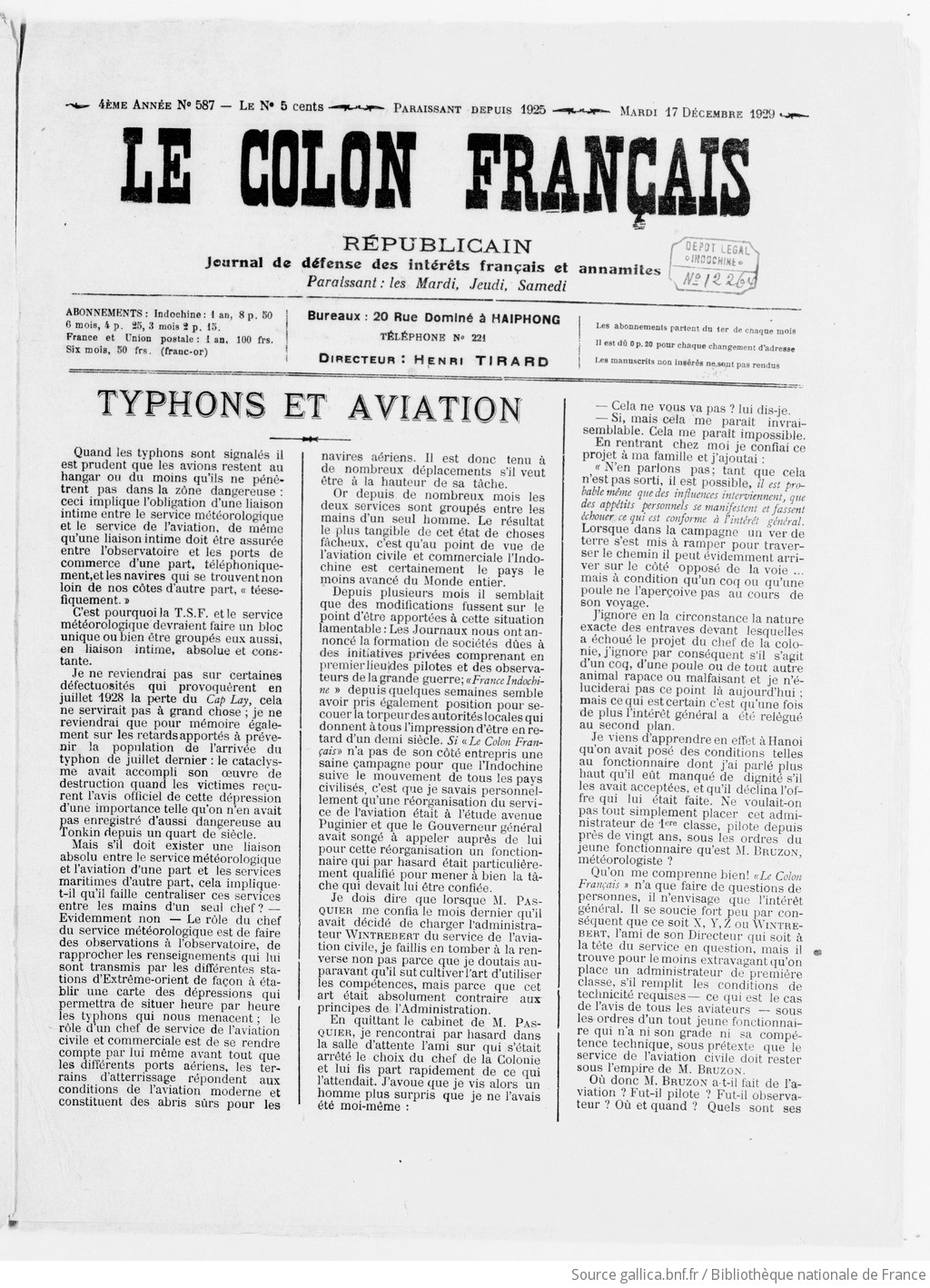 Le Colon français républicain. Journal de défense des intérêts français et annamites  1925-1934