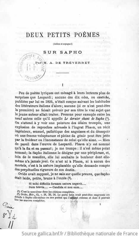 Deux petits poèmes (italien et espagnol) sur Sapho [par Leopardi et  Carolina Coronado]. [Calderon et Goethe. 