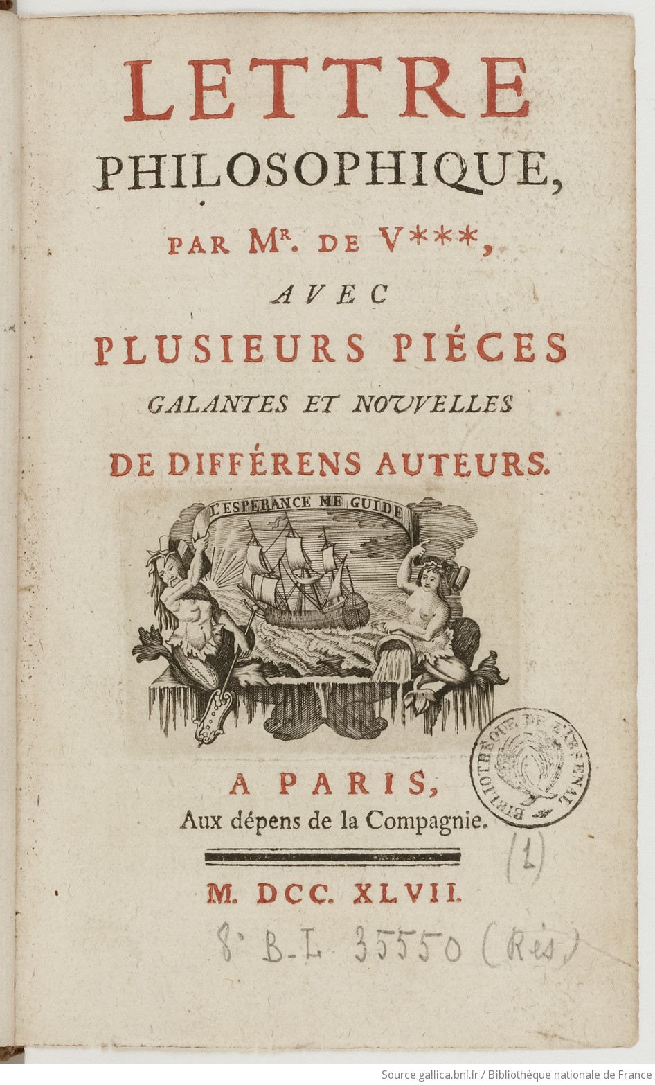 Lettre Philosophique Par M De V Avec Plusieurs Pièces - 