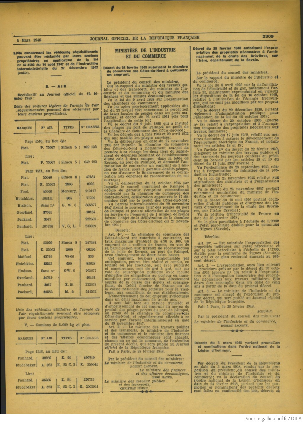 Listes de véhicules réquisitionnés restituables F29