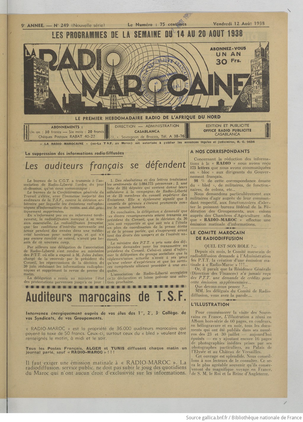 Radio marocaine. Organe hebdomadaire marocain de radiodiffusion... |  1938-08-12 | Gallica