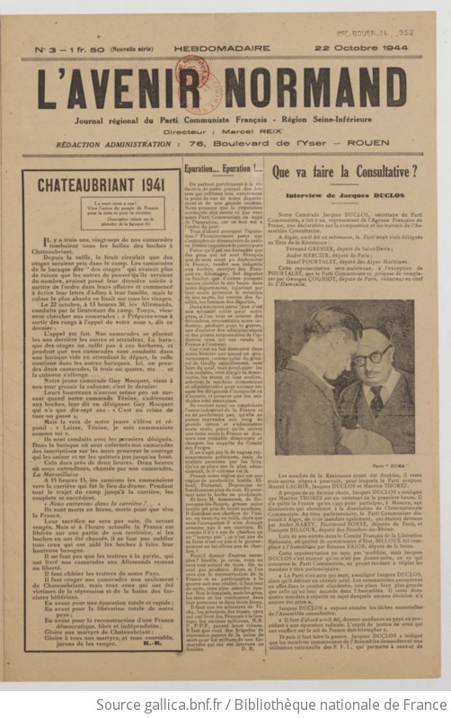 L Avenir Normand Hebdomadaire Politique Et D Information Organe Regional Du Parti Communiste Francais Puis Hebdomadaire De La Federation Communiste De Seine Inferieure 1944 10 22 Gallica