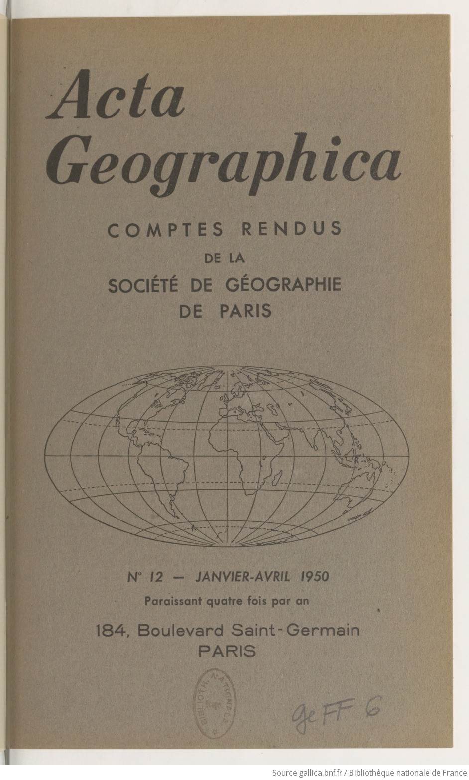 Acta geographica : comptes rendus de la Société de géographie de Paris