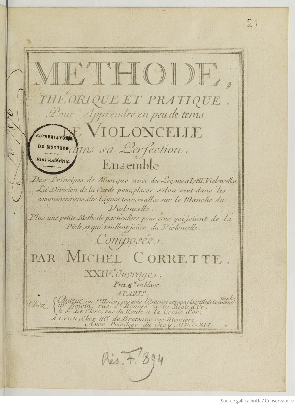 Méthode théorique et pratique pour apprendre en peu de tems le violoncelle  dans sa perfection : XXIVe ouvrage / Michel Corrette