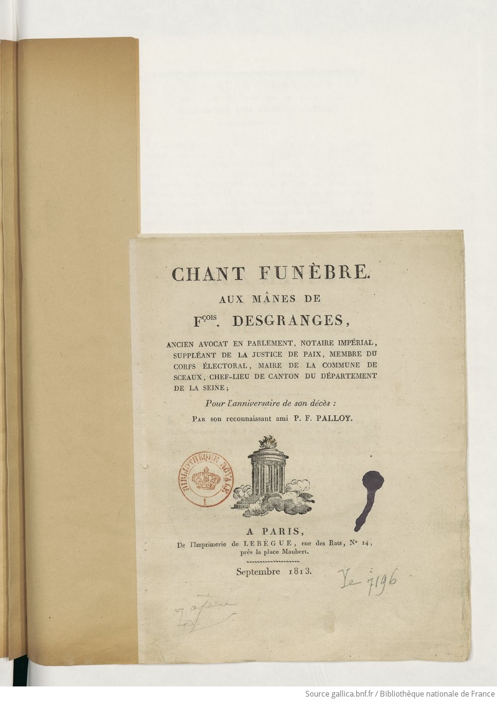 Chant Funebre Aux Manes De Francois Desgranges Ancien Avocat En Parlement Pour L Anniversaire De Son Deces Par Son Reconnaissant Ami P F Palloy Gallica